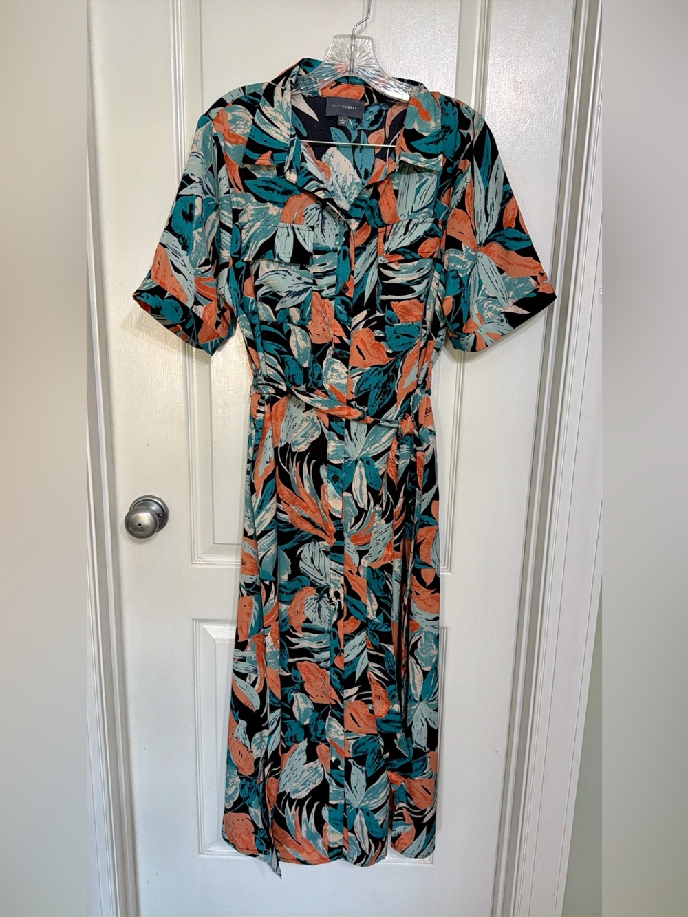 Button-Front Maxi Dress in Teal, Coral & Black
